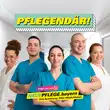 Schriftzug "Pflegendär!" über einer Gruppe von Pflegerinnen und Pflegern